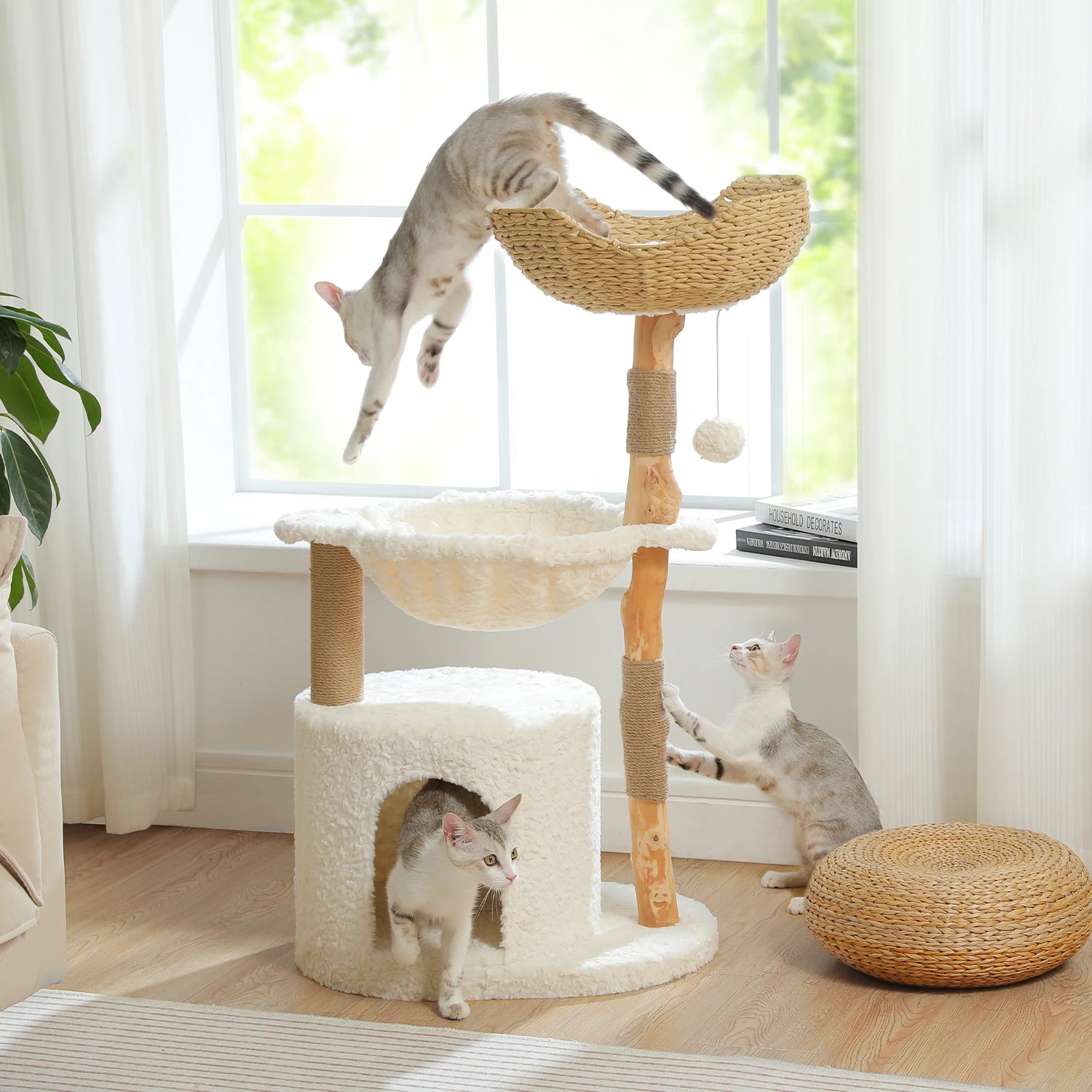Modern Solid Wood Cat Tree with Condo & Play Features