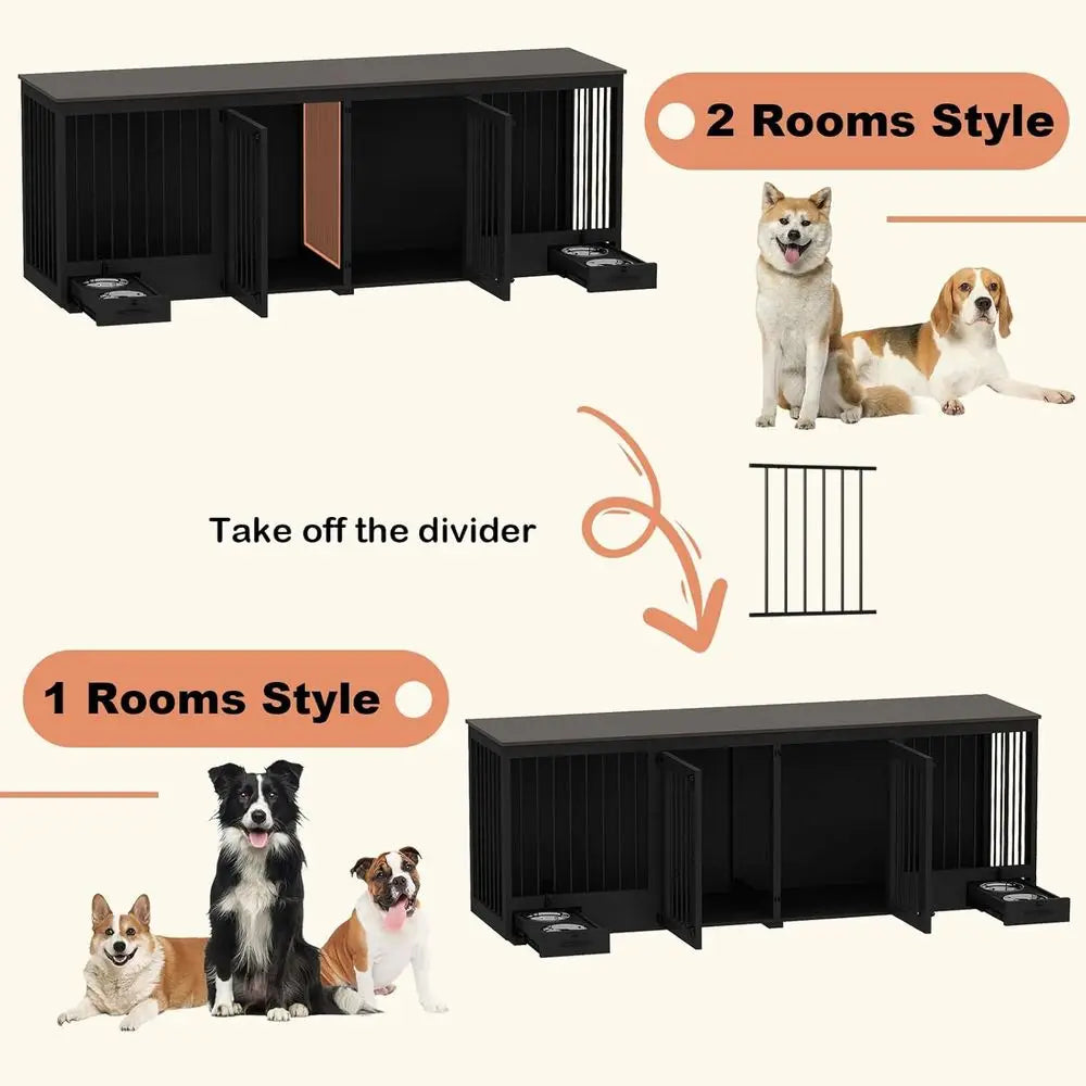 Extra Large Wooden Dog Crate with 4 Bowls – Heavy Duty Double Kennel