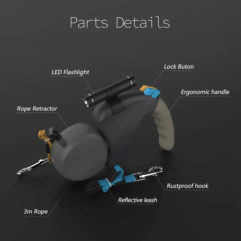 Dual Dog Retractable Leash with Light & Adjustable Traction Belt